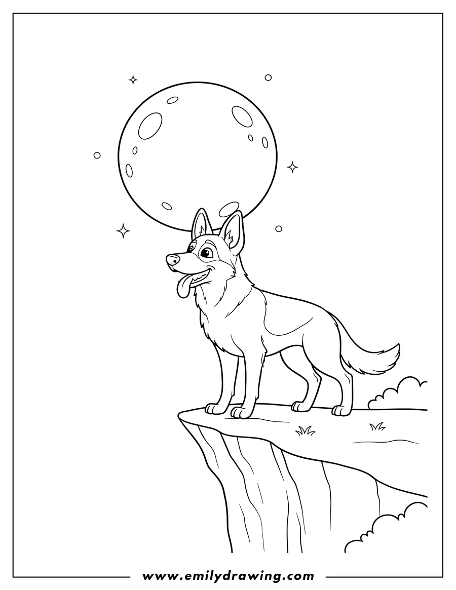 Simple sketch of easy German Shepherd standing at a cliff edge, tongue out, looking left, with a full moon to color