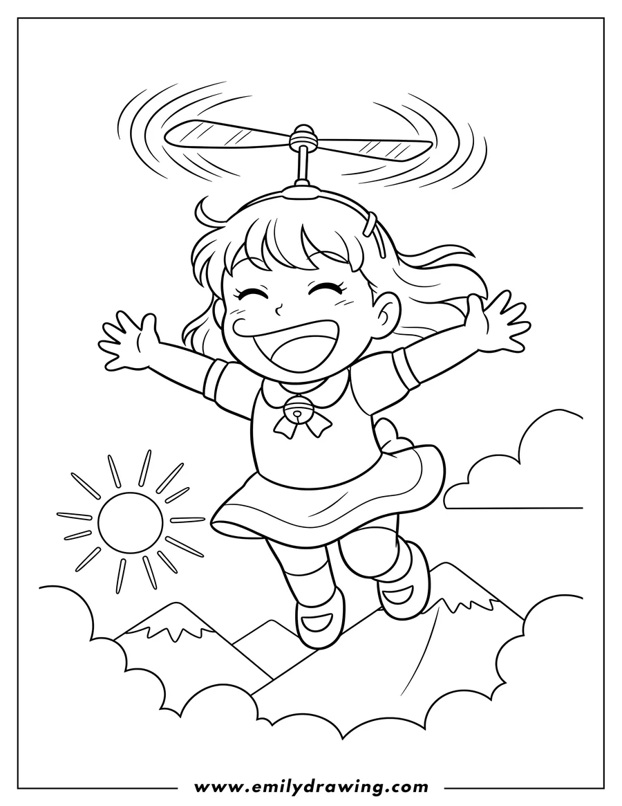 Printable line art of shizuka Minamoto Wearing Take Copter, flying and smiling