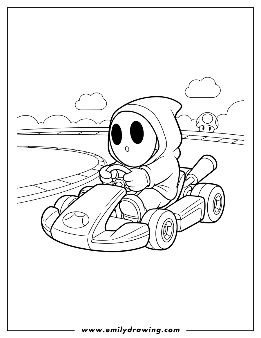 Simple sketch of shy Guy Riding Kart, holding the steering wheel to color