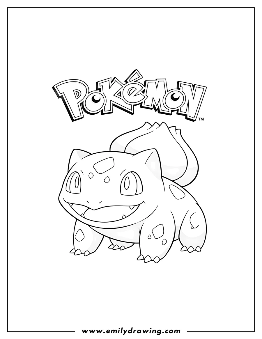 Free printable coloring sheet of smiling Bulbasaur with Pokémon logo, coloring page