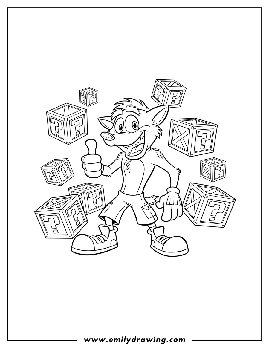 Full page coloring image of smiling Crash Bandicoot giving a thumbs-up, surrounded by question mark crates