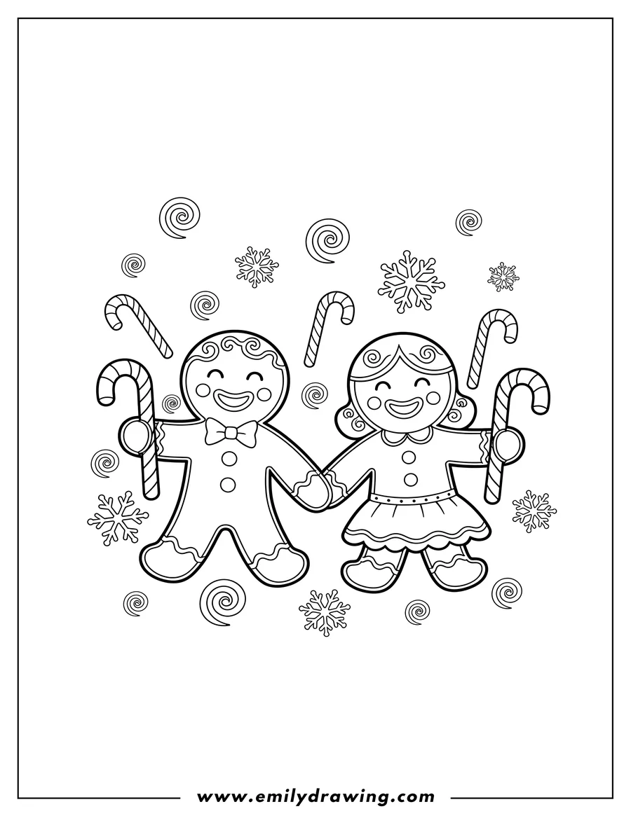 Clean line drawing: smiling Gingerbread Man And Girl Holding Hands, With Candy Canes And Falling Snow