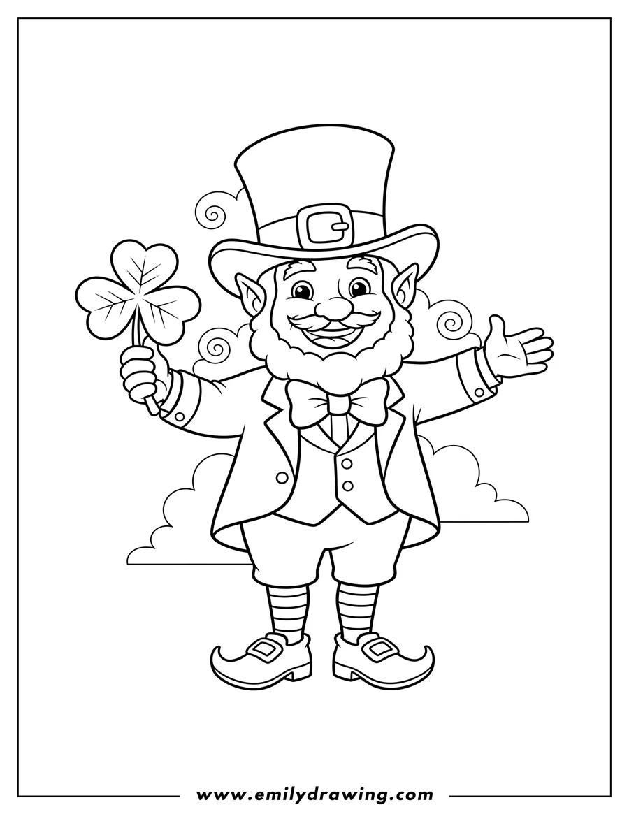 Outline drawing of smiling Leprechaun wearing a top hat and buckled shoes, holding a shamrock with arms open wide