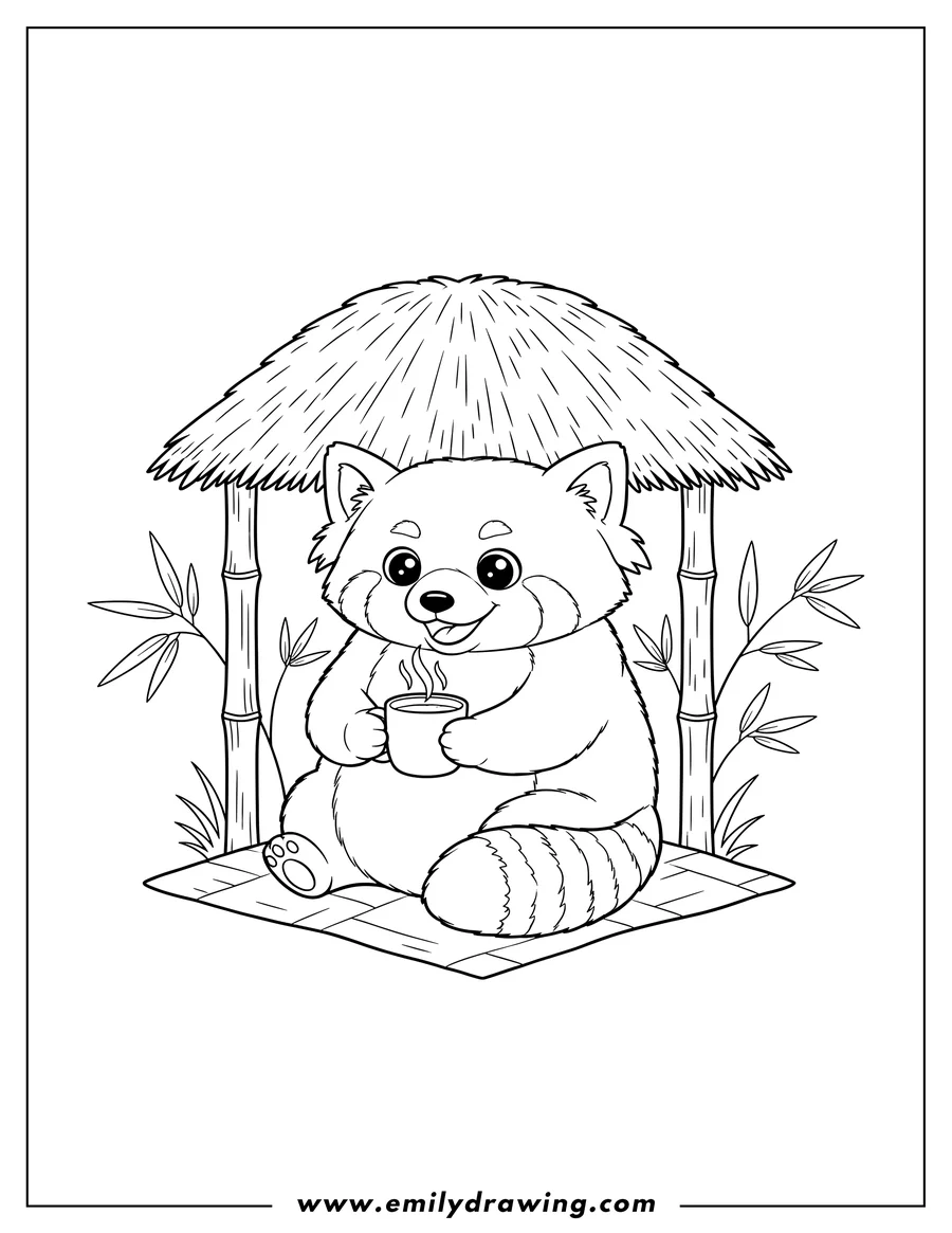 Black and white line art of smiling Red Panda sitting and holding a mug of tea under a bamboo hut