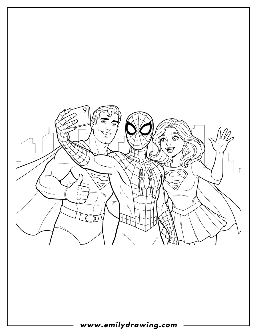 Downloadable coloring page of spiderman, Superman, and Supergirl smiling while taking a selfie