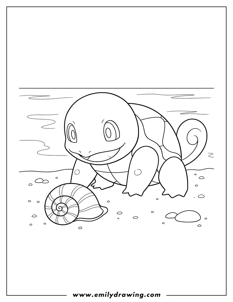 Printable line art of squirtle crawling and looking down at a conch seashell