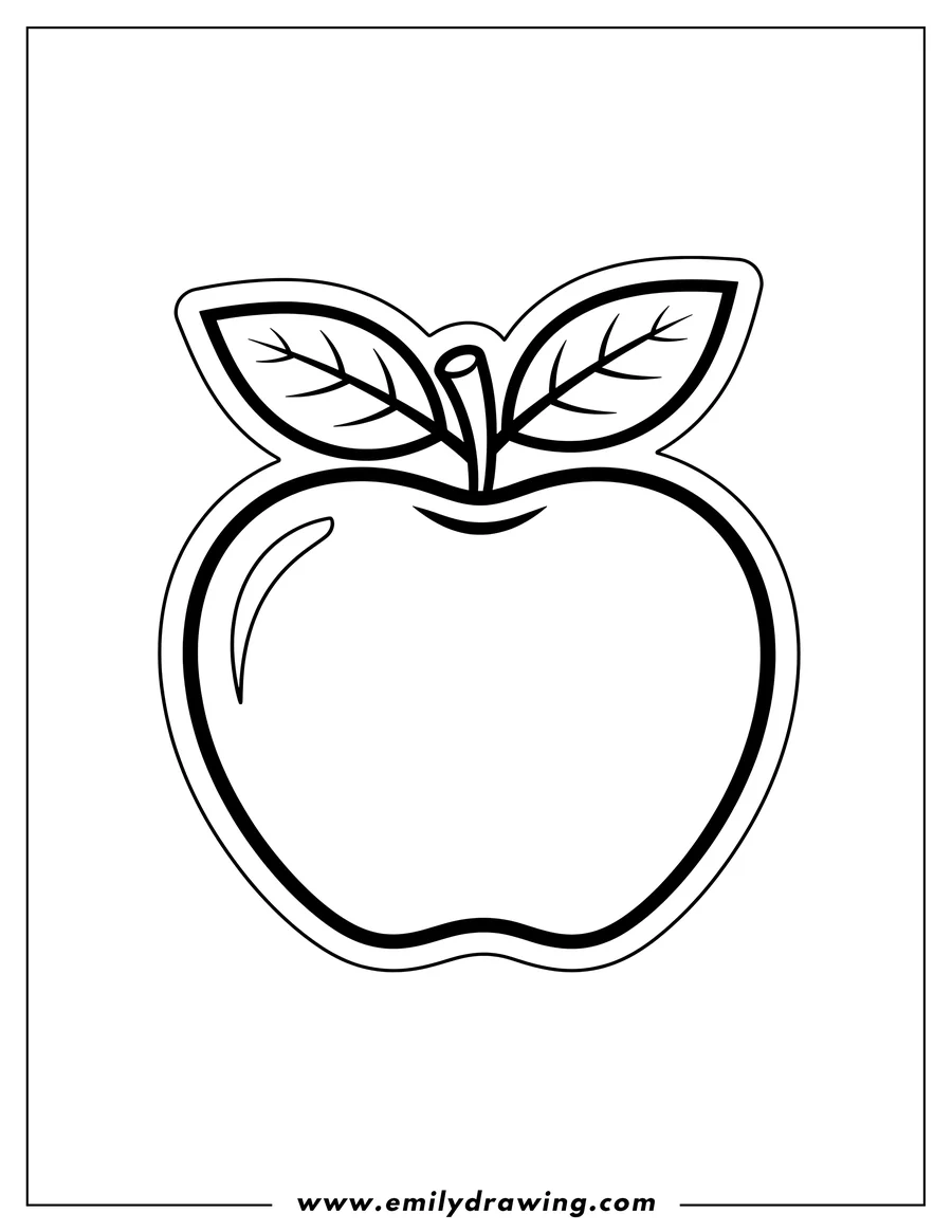 Full page coloring image of stencil an apple with a stem and two leaves