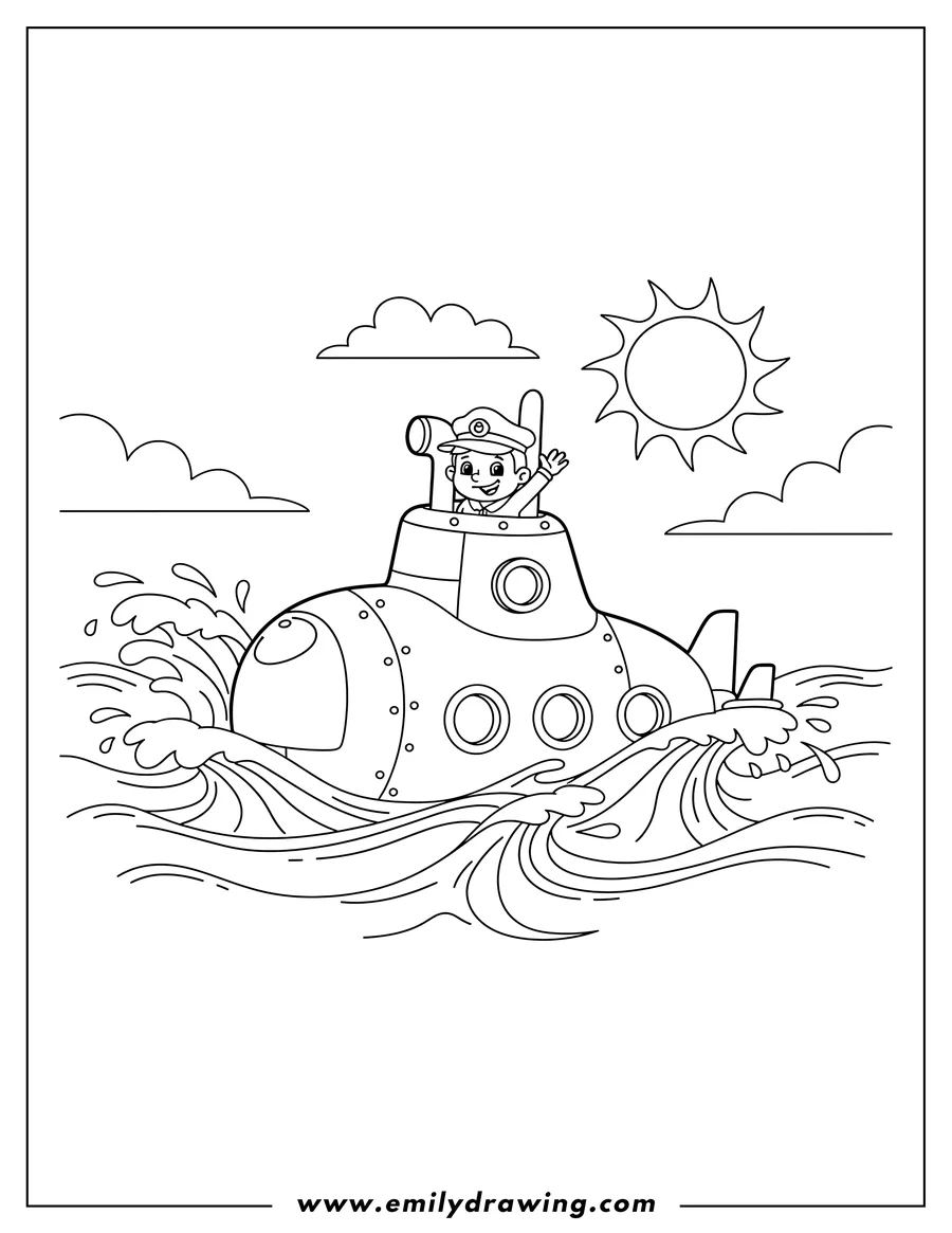 Free to print drawing of easy Outline Submarine Surfacing From Water with a crew member on the conning tower