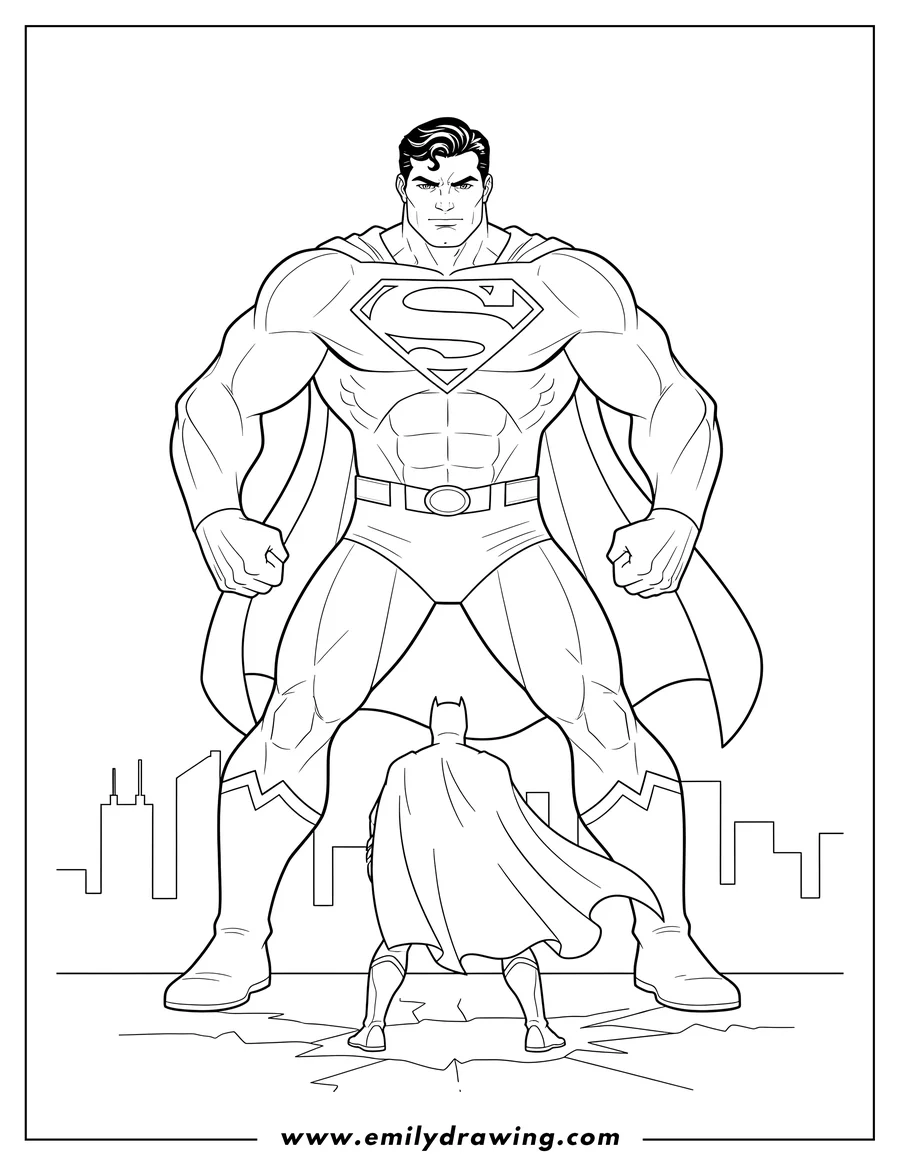 Vector style outline of superman Vs Batman Scaled, Batman from behind, facing Superman