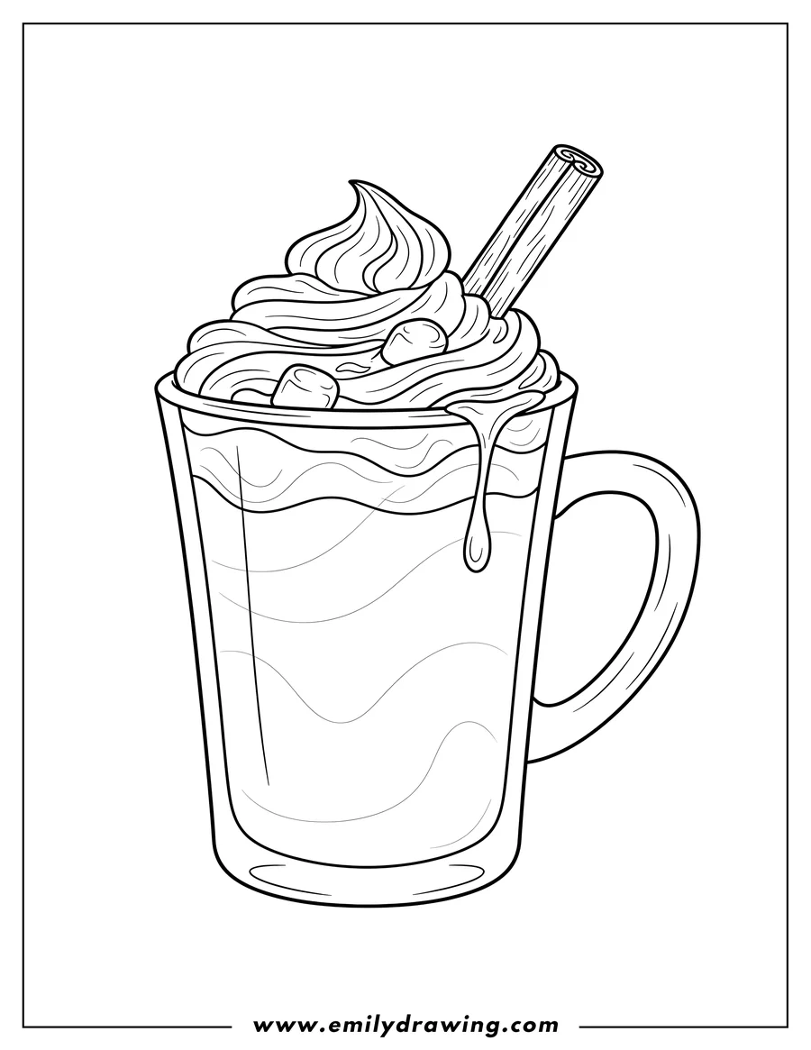 Simple sketch of hot Chocolate in a tall glass mug with whipped cream and a cinnamon stick to color