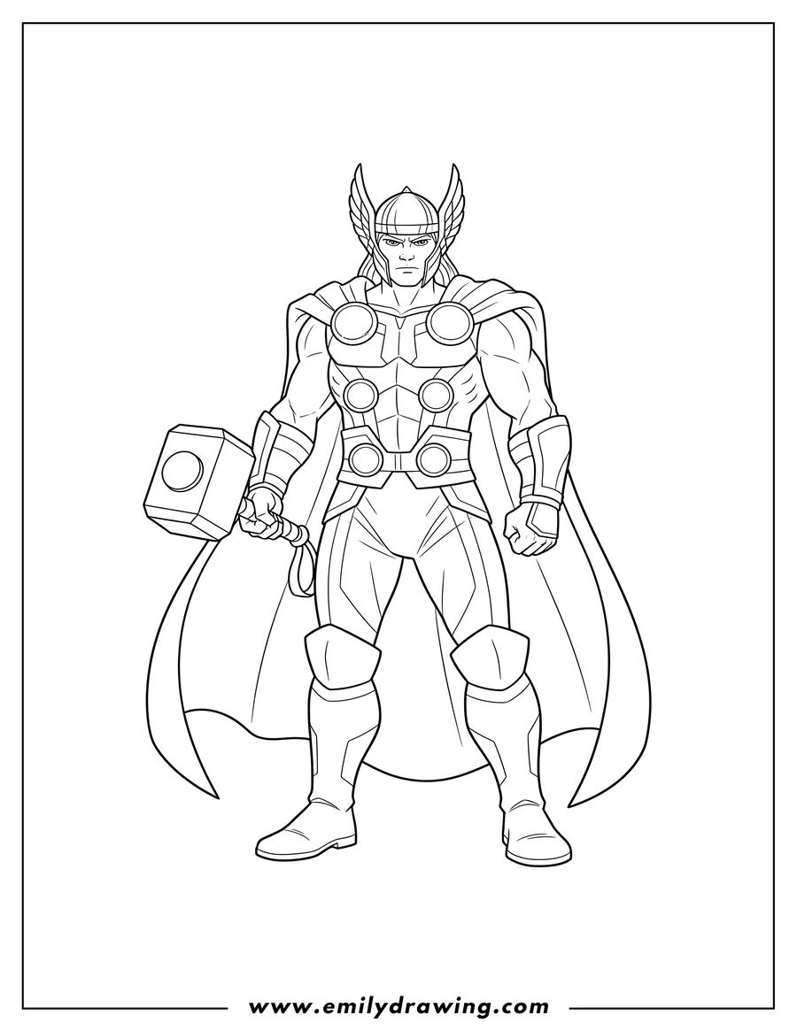 Clean line drawing: thor standing in armor with a cape, holding his hammer