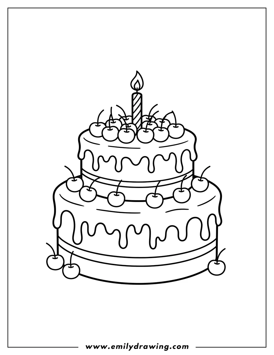 Outline drawing of two Tiered Birthday Cake With Cherries, a candle, and dripping frosting