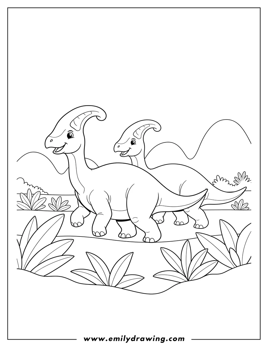 Downloadable coloring page of two Young Parasaurolophus walking