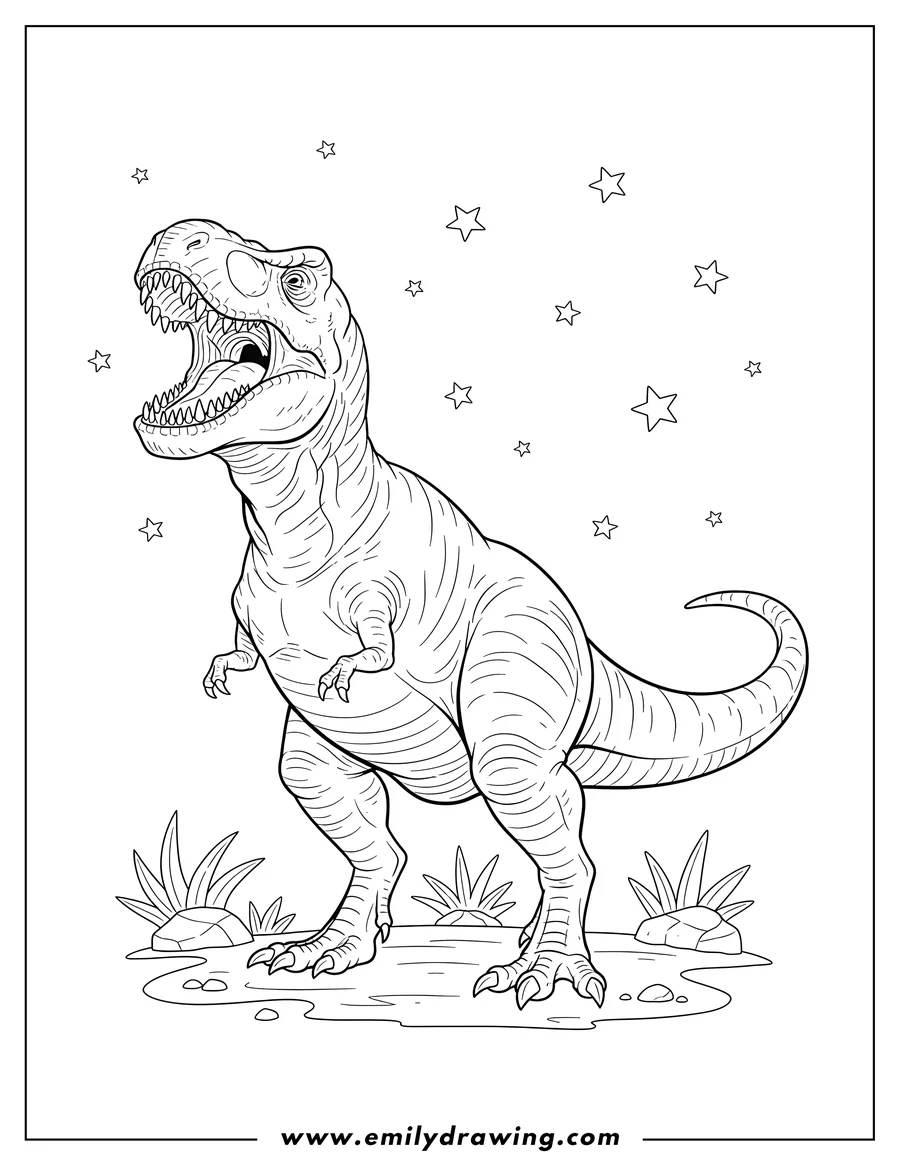 Free printable coloring sheet of big Tyrannosaurus Rex standing with an open mouth showing teeth under stars, to color