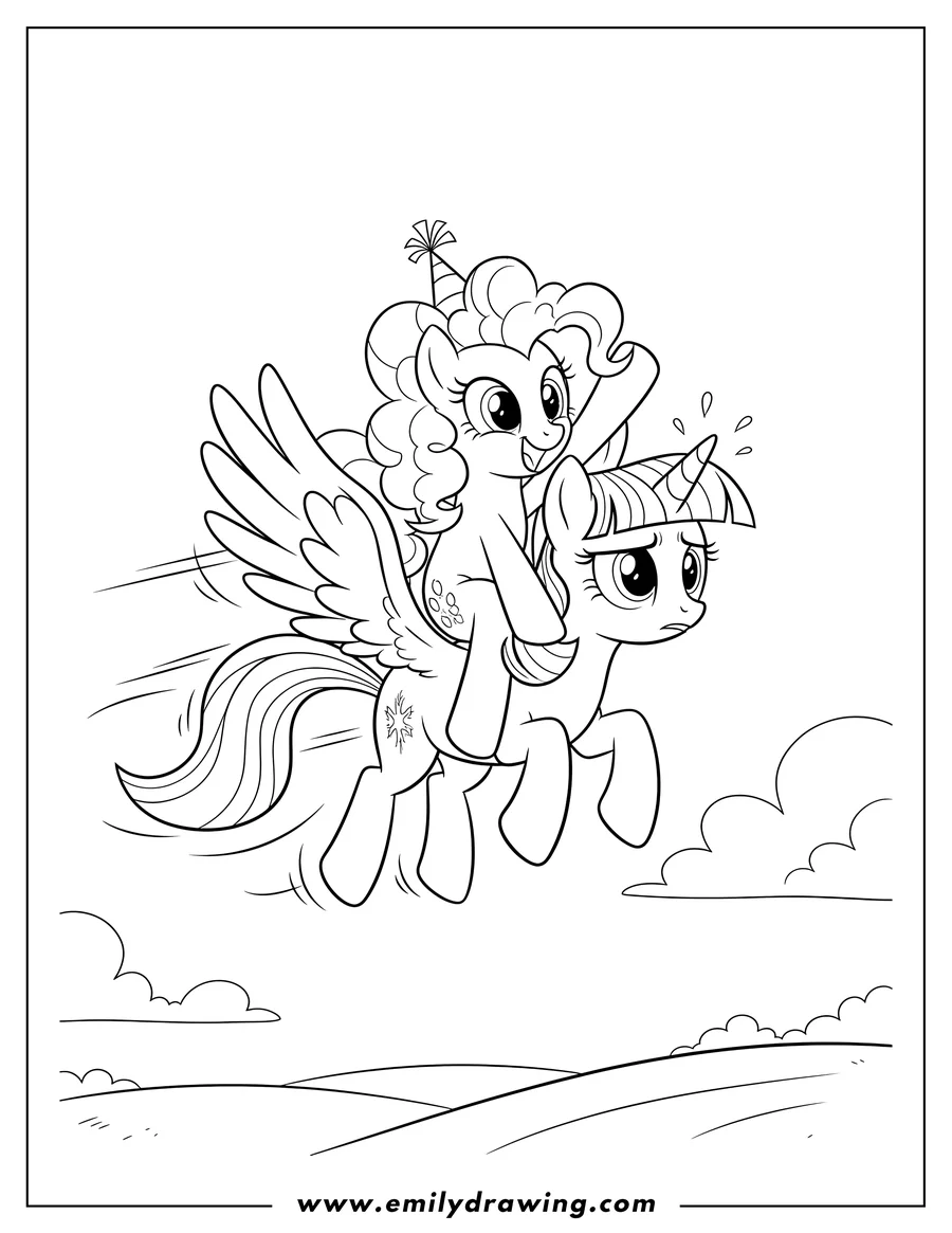 Clean line drawing: worried Twilight Sparkle flying with happy Pinkie Pie on her back