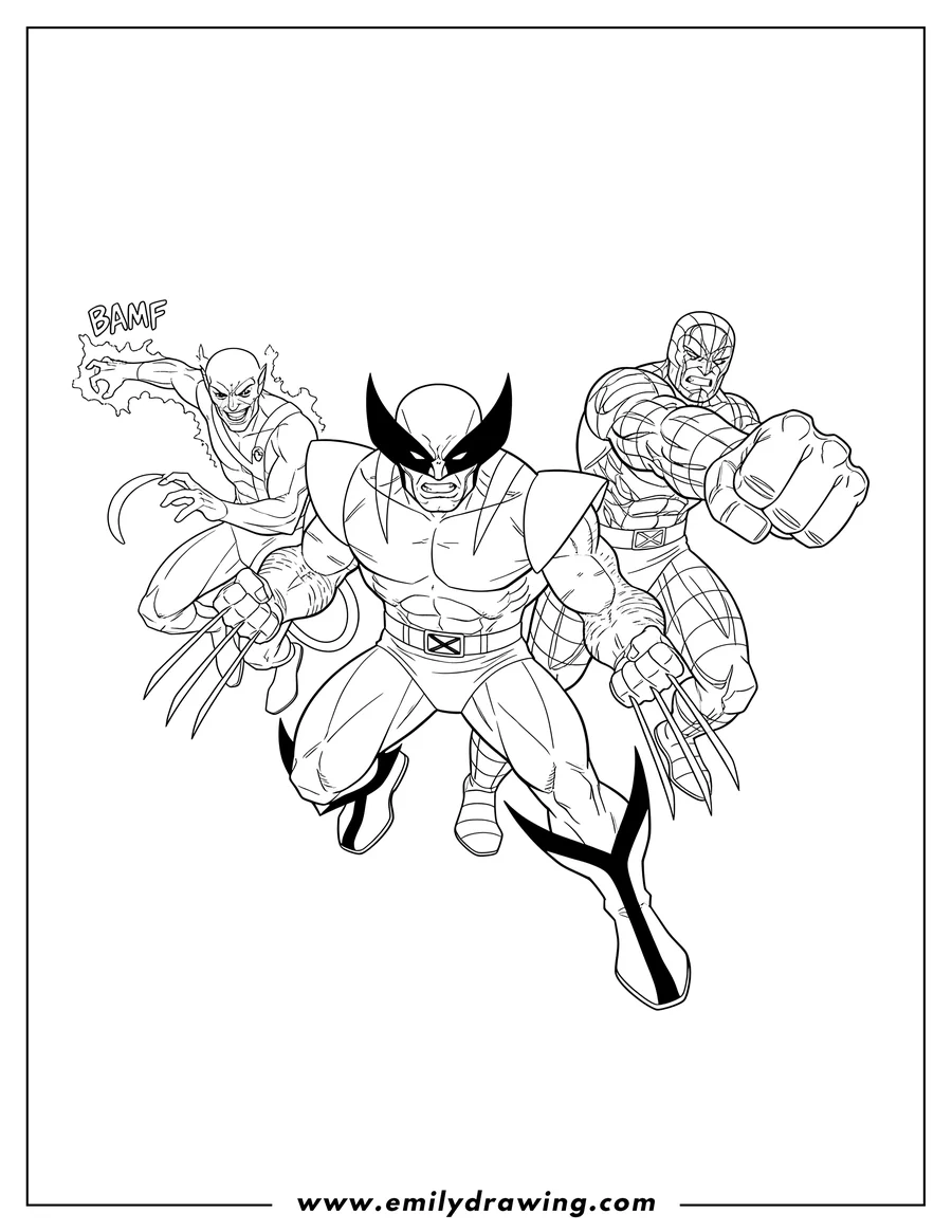 Free to print drawing of X-Men Comics Wolverine lunging with claws, Nightcrawler, and Colossus in action