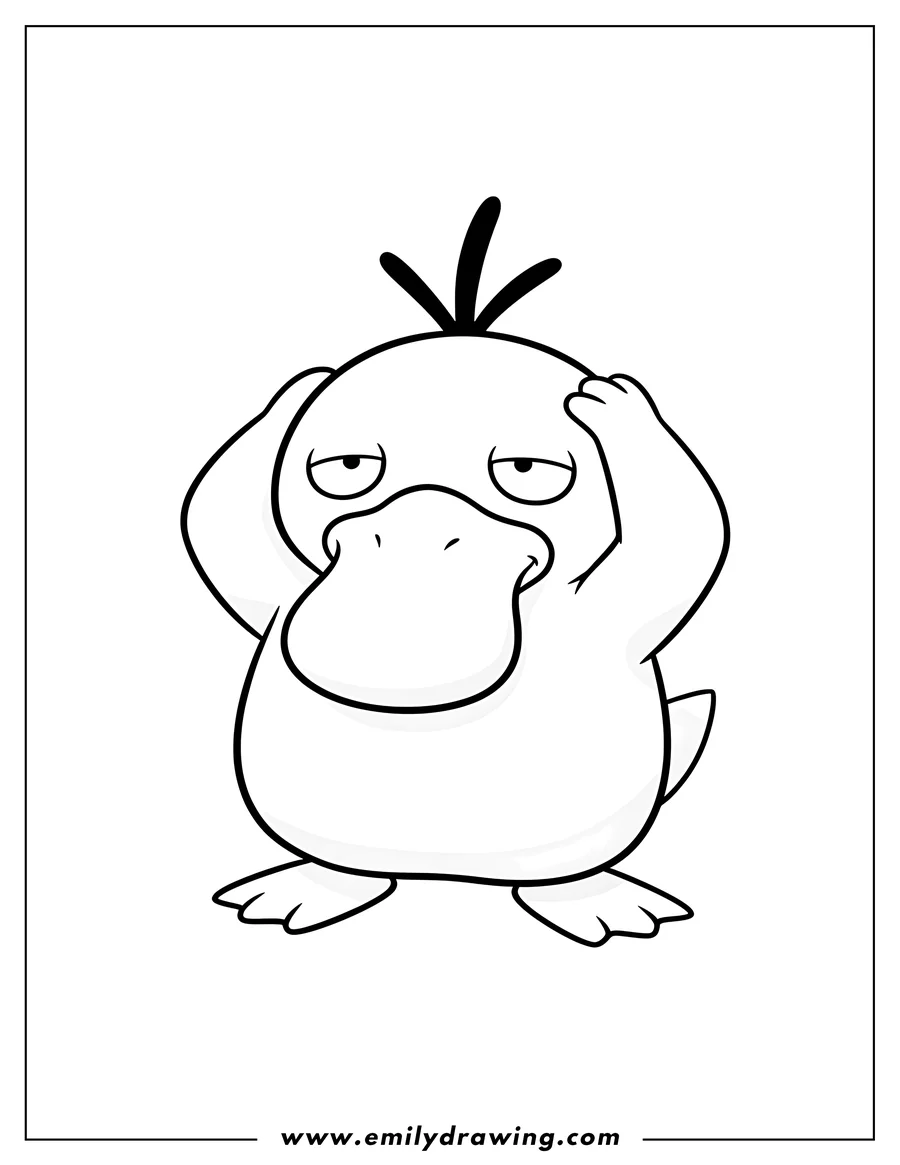 Clean line drawing: easy Psyduck Outline with hands on head