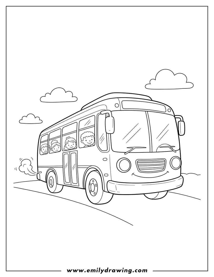 Coloring page for kids: public Transit Bus driving forward