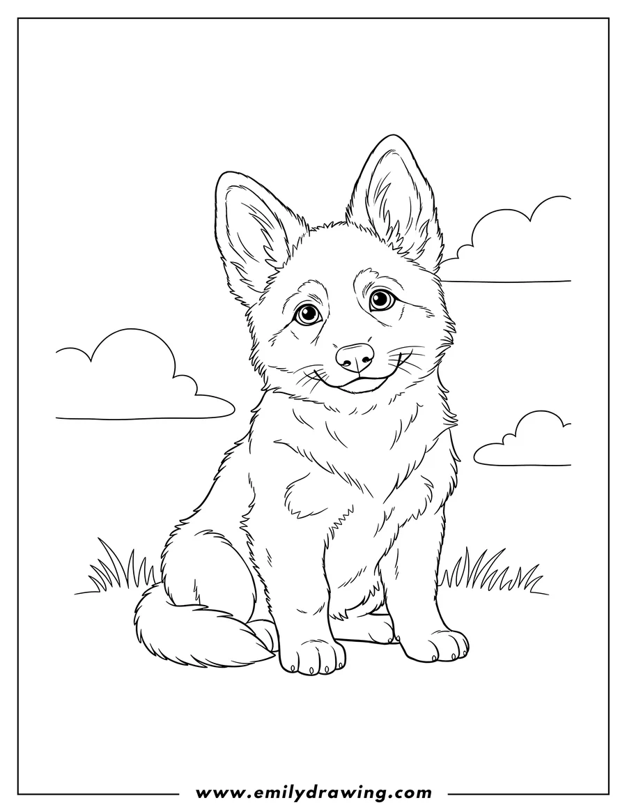 High quality printable fluffy German Shepherd Puppy With One Ear Up, sitting and looking forward for coloring