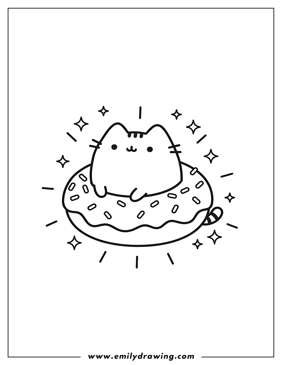 Clean line drawing: easy Pusheen Cat sitting inside a sprinkle donut with sparkles