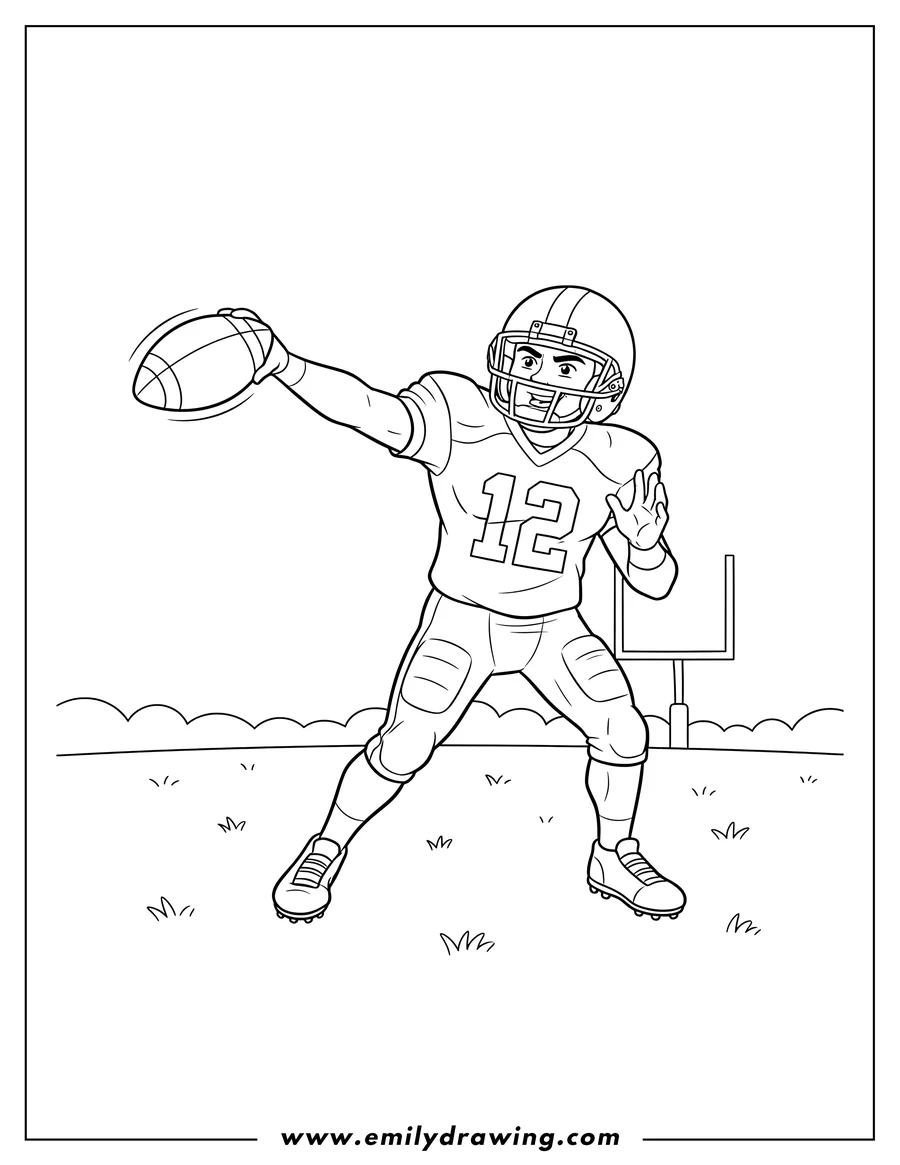 Coloring page of easy Outline Quarterback wearing a helmet and jersey, throwing a football