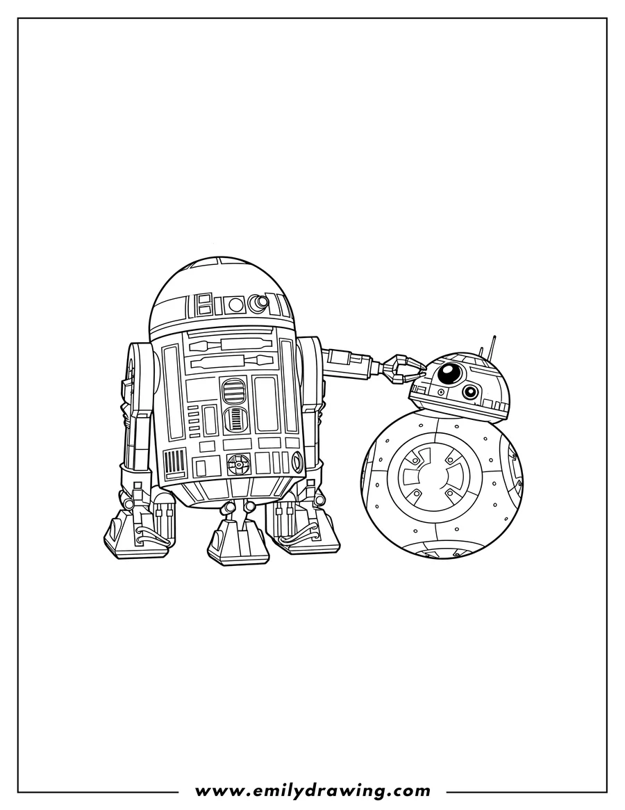 Black and white line art of R2 D2 with extended arm poking BB-8's head