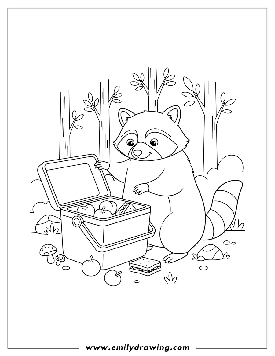 Coloring sheet featuring raccoon stealing food from an open cooler in a forest