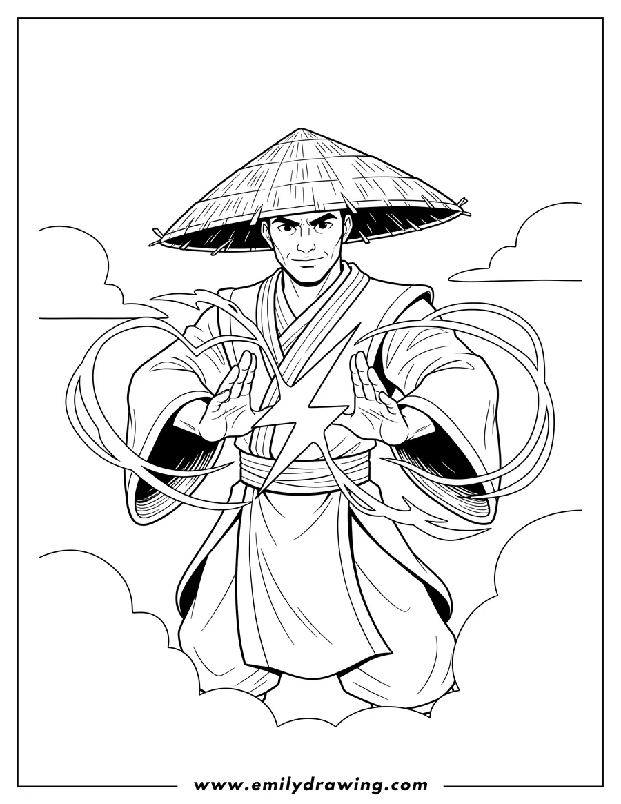 Free printable coloring sheet of raiden With Electricity His Hands, wearing a straw hat, forming a lightning bolt between his outstretched hands