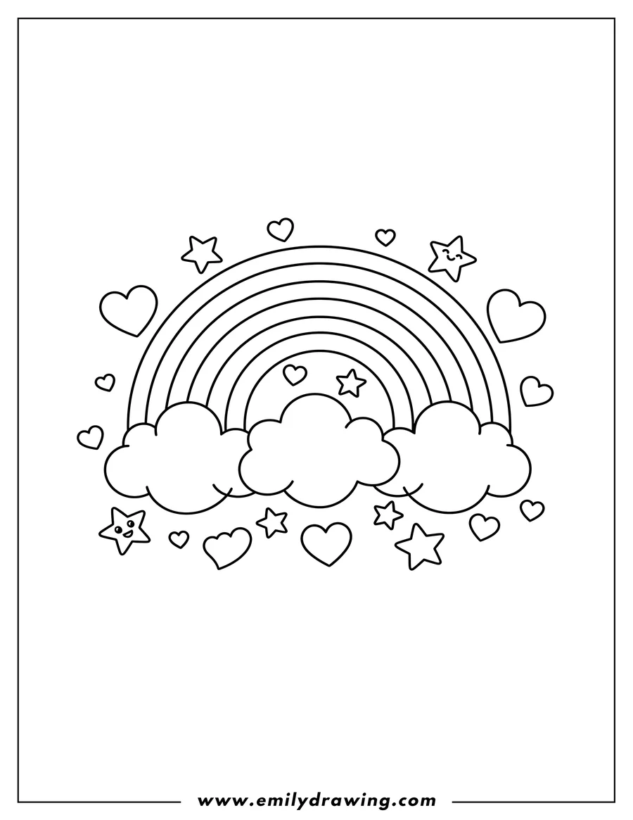 Printable coloring page of easy Get Well Soon coloring page with a Rainbow, Clouds, Love Hearts, and Stars