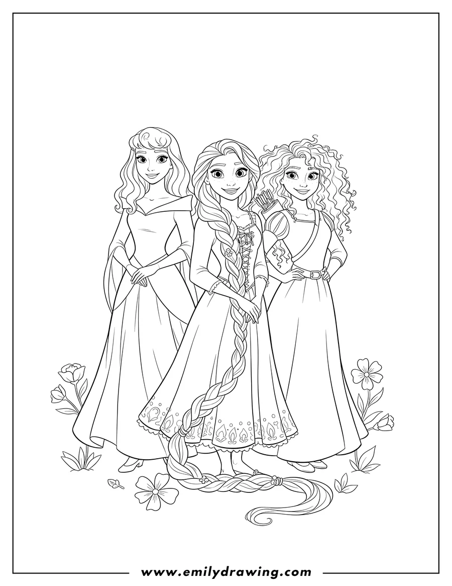 Outline drawing of easy Rapunzel Aurora And Merida standing together and smiling