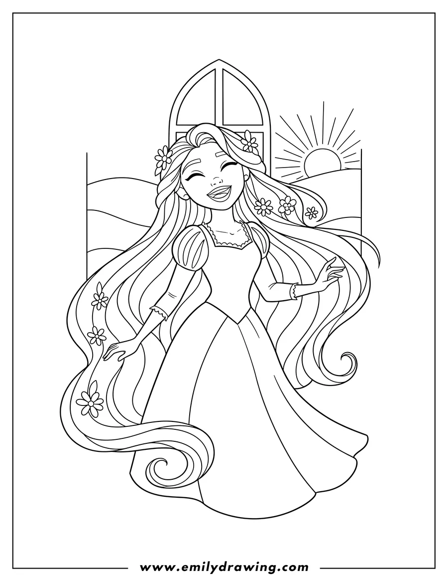 Coloring page of easy Rapunzel with long hair, looking up and smiling