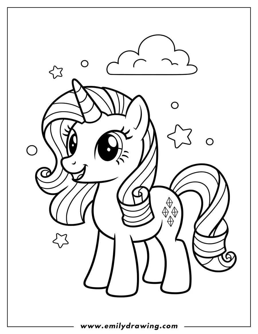 Coloring page of easy Rarity unicorn smiling for preschoolers