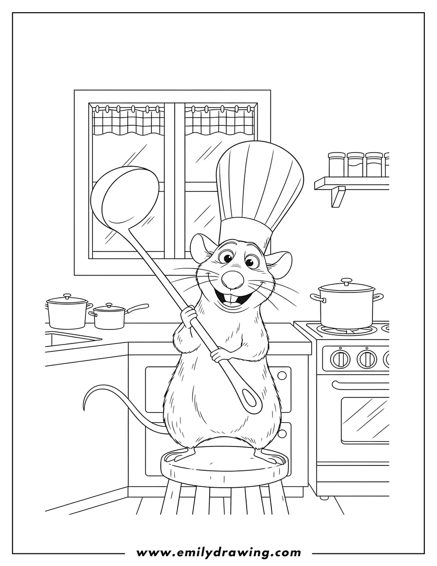 Linear illustration of ratatouille, smiling, holding a large ladle in a kitchen