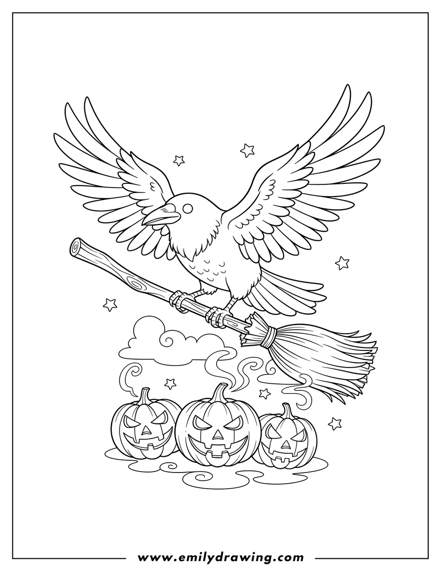 Linear illustration of raven with spread wings perched on a witch's broom, hovering above jack-o'-lanterns with scary faces