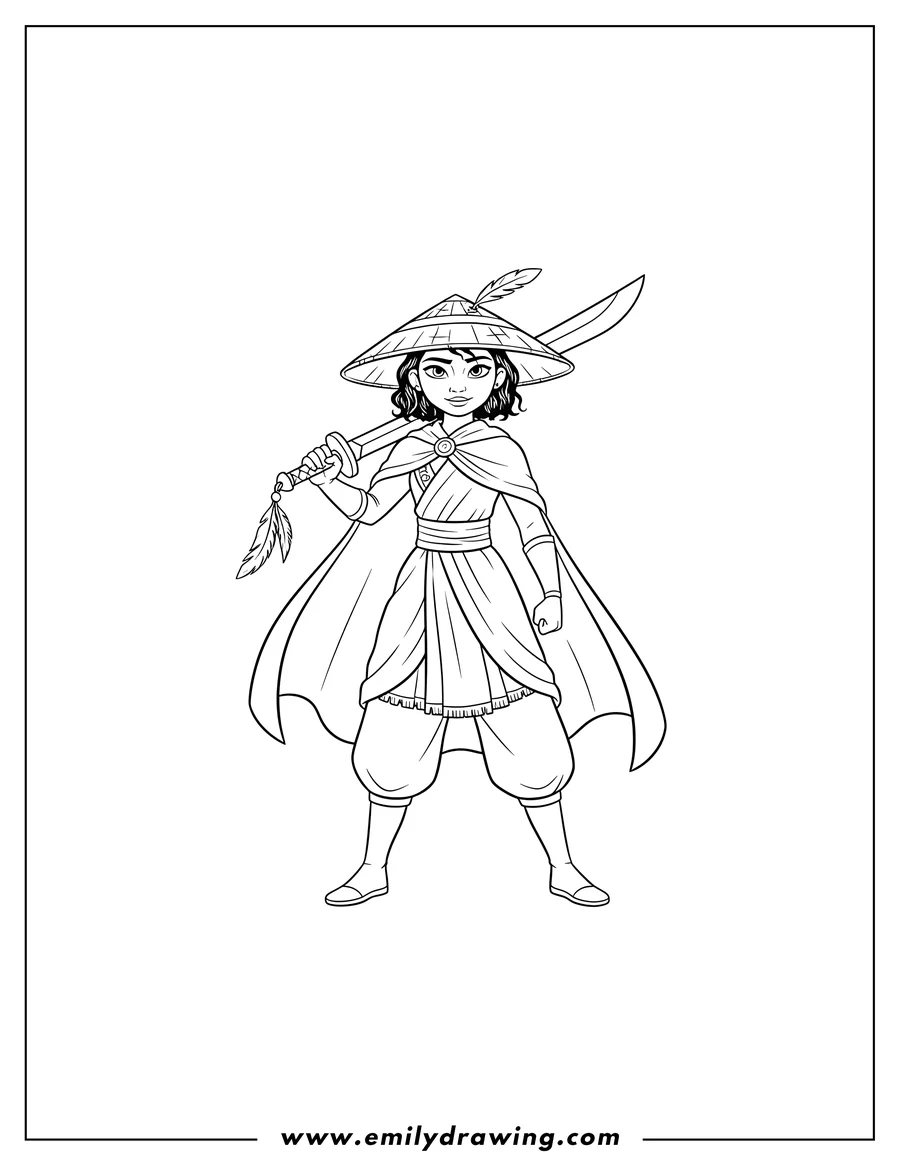 Simple sketch of easy Raya Outline With Her Hat And Cape, holding a sword over her shoulder and with a feather to color