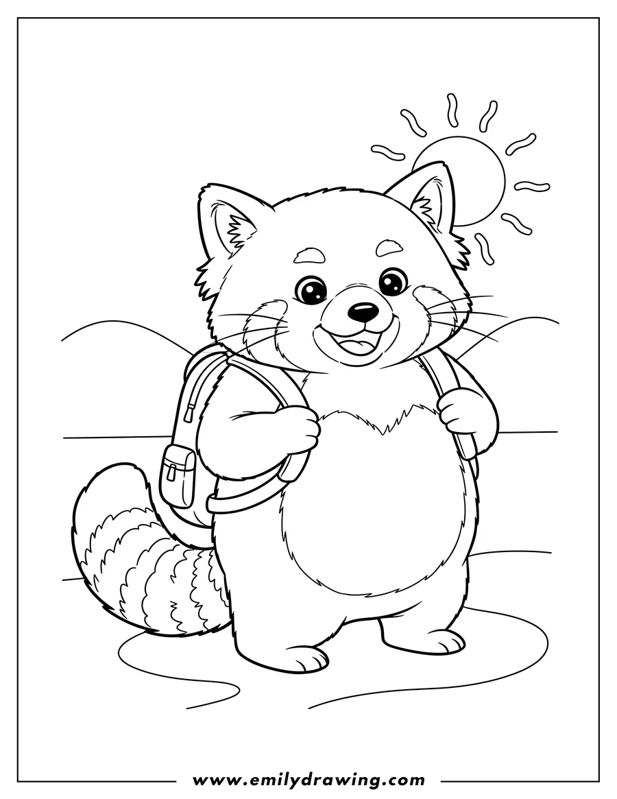 Free to print drawing of easy Red Panda Walking With Backpack, standing, holding its straps, with a cute smiling face, for preschoolers