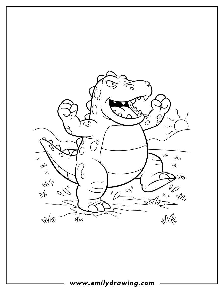 Doodle style coloring picture of reptar dinosaur stomping on grass with its mouth wide open and fists raised
