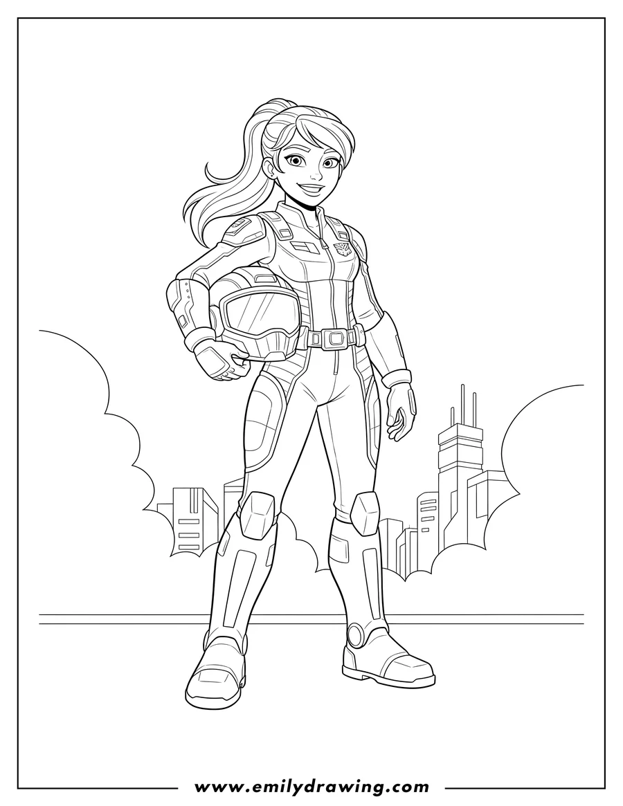 Coloring page of rescue Bots Dani Burns standing, smiling, and wearing a flight suit