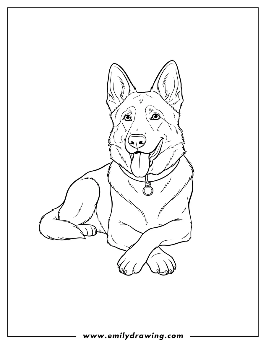 Outline drawing of easy German Shepherd resting, with its tongue out and wearing a collar