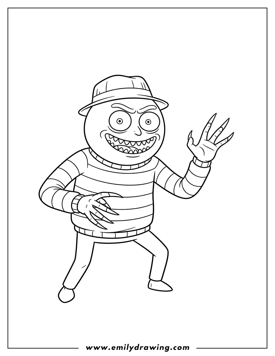 Outline drawing of rick And Morty Parody Monster Scary Terry wearing a hat and striped sweater, with blades on his hands