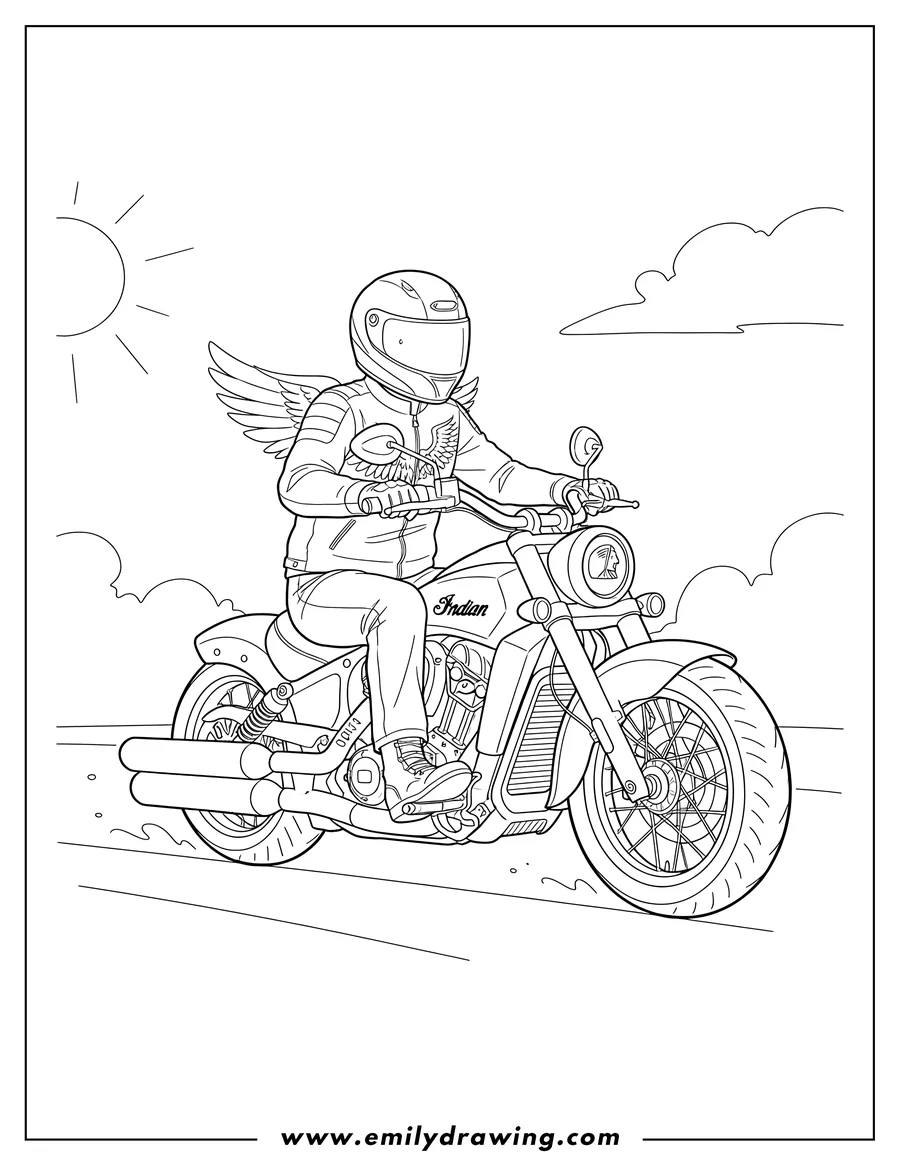 Vector style outline of A person riding an Indian motorcycle, wearing a helmet