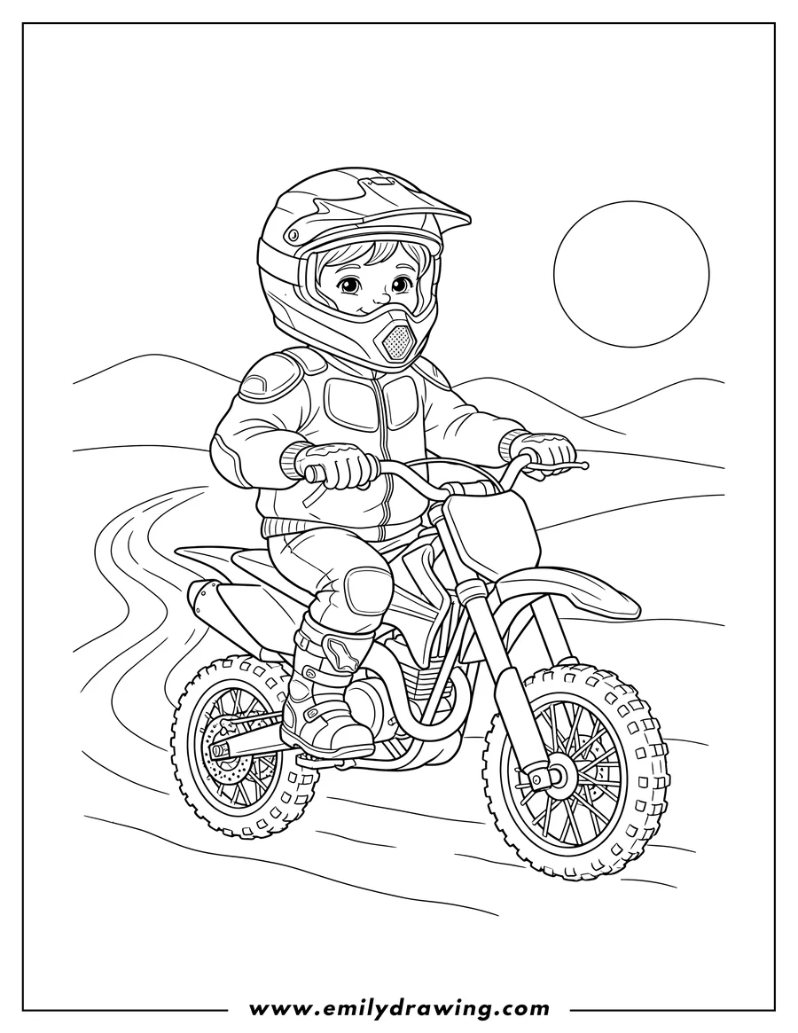 Linear illustration of easy Rider seated on a dirt bike, wearing a helmet and gear