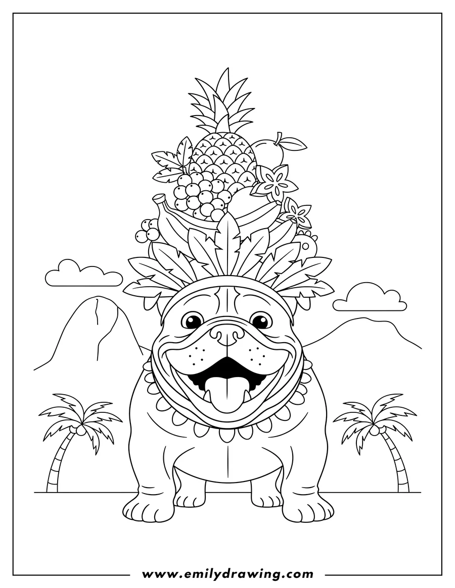 High quality printable rio Bulldog With Fruits On Head, mouth open wide for coloring