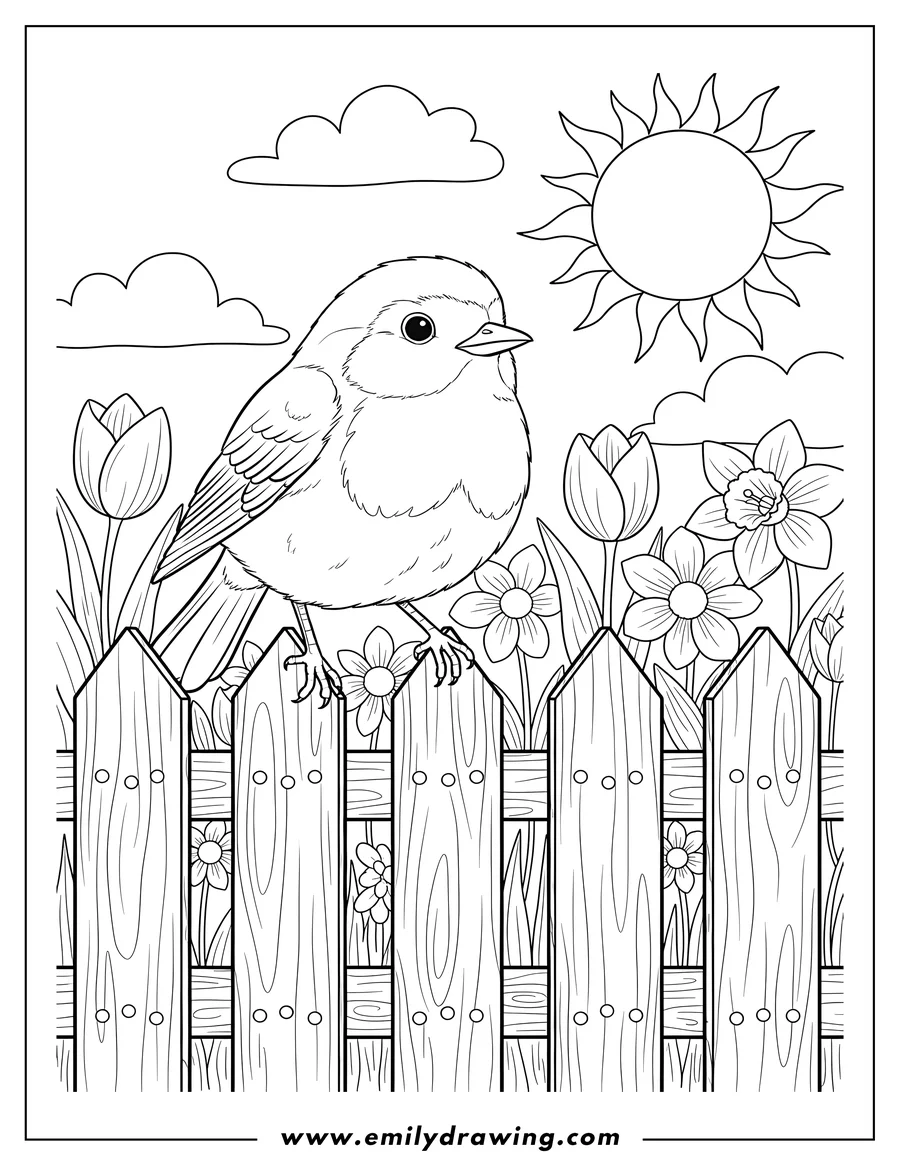 Coloring page for kids: robin perched on a picket garden fence with blooming spring flowers and a sunny sky