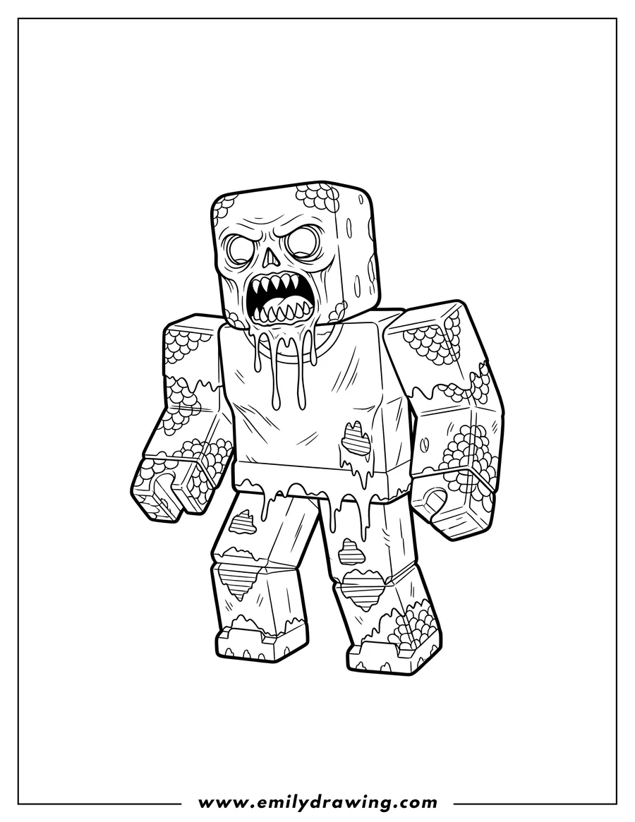 Coloring page of roblox Zombie Scaled, with ripped clothes and a dripping mouth