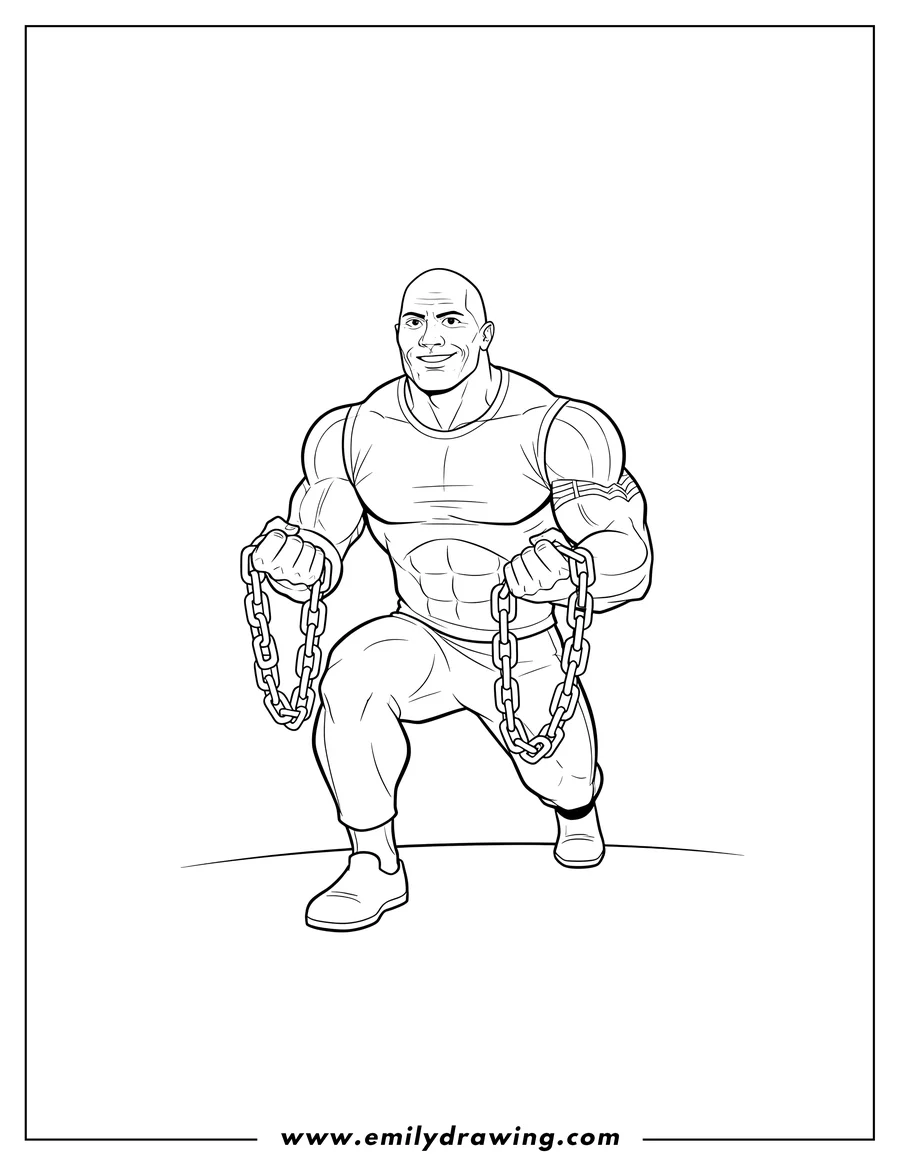 Black and white line art of dwayne 'The Rock' Johnson holding chains in a lunging pose