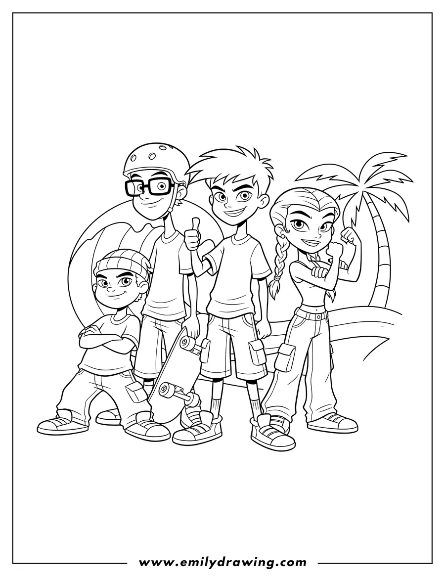 Clean line drawing: rocket Power Otto Regina Sam And Maurice Nickelodeon, posing together with Otto giving a thumbs up