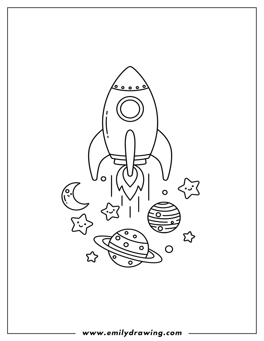 Vector style outline of easy Rocket Ship flying upwards, surrounded by planets