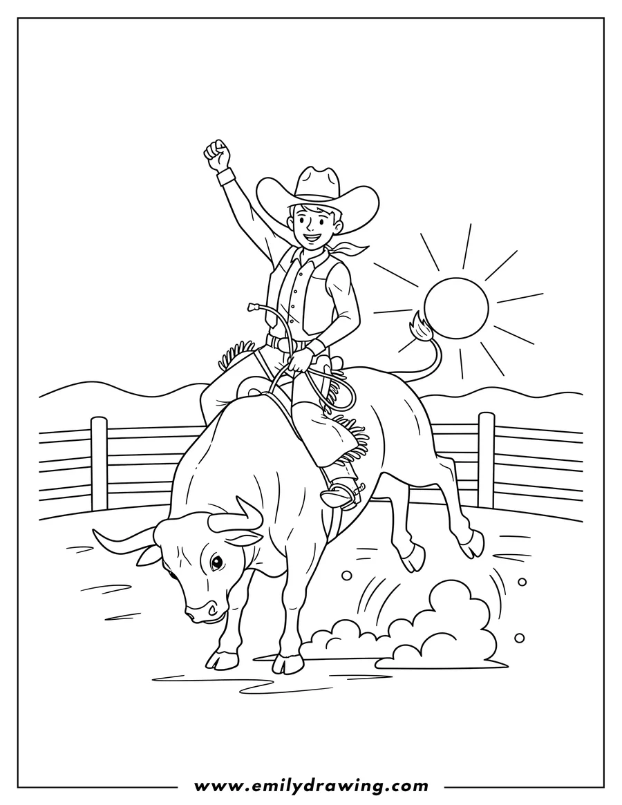 High quality printable rodeo Cowboy on bucking bull with arm raised for coloring