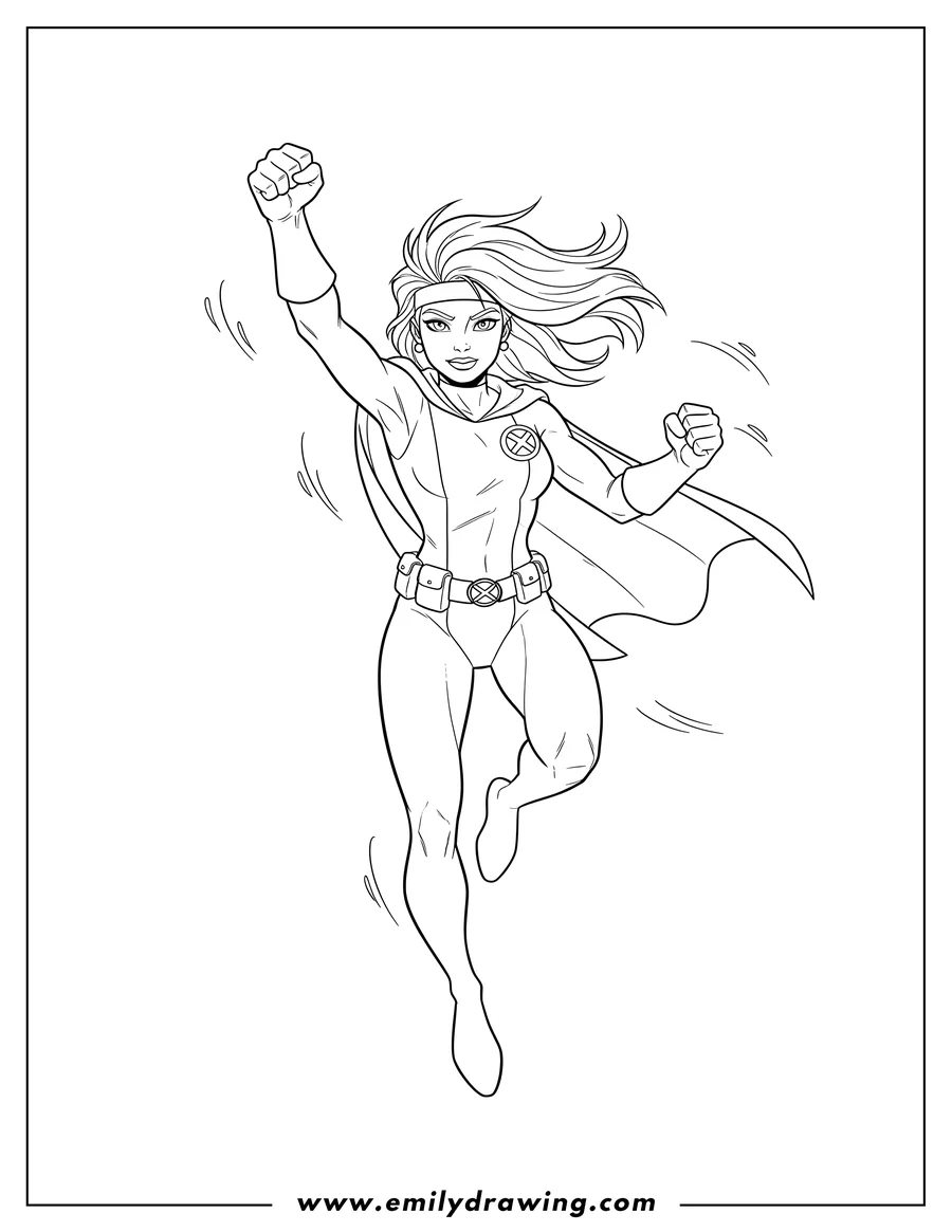 Printable line art of easy Rogue X Men Costume, leaping with a raised fist